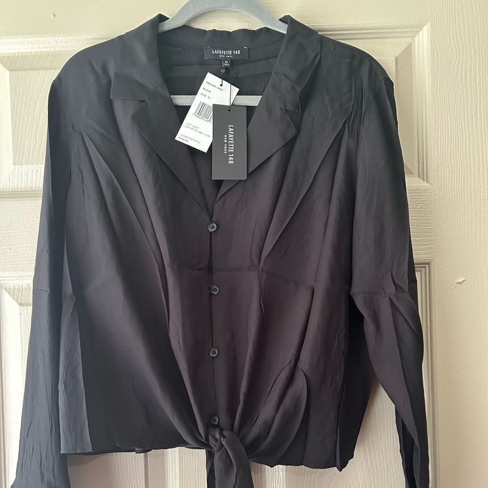 Lafayette 148 New York Silk Black Button Top